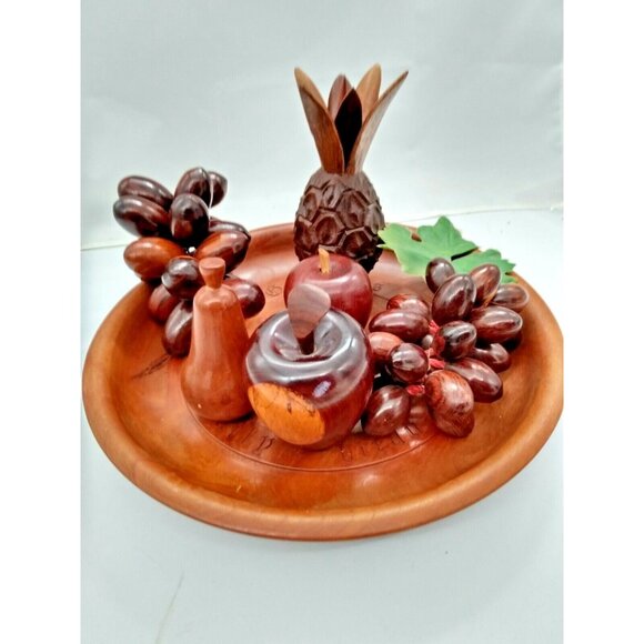 Vintage Wood Hand Carved Decorative Bowl & Wooden Fruit AMAZING - Picture 1 of 12